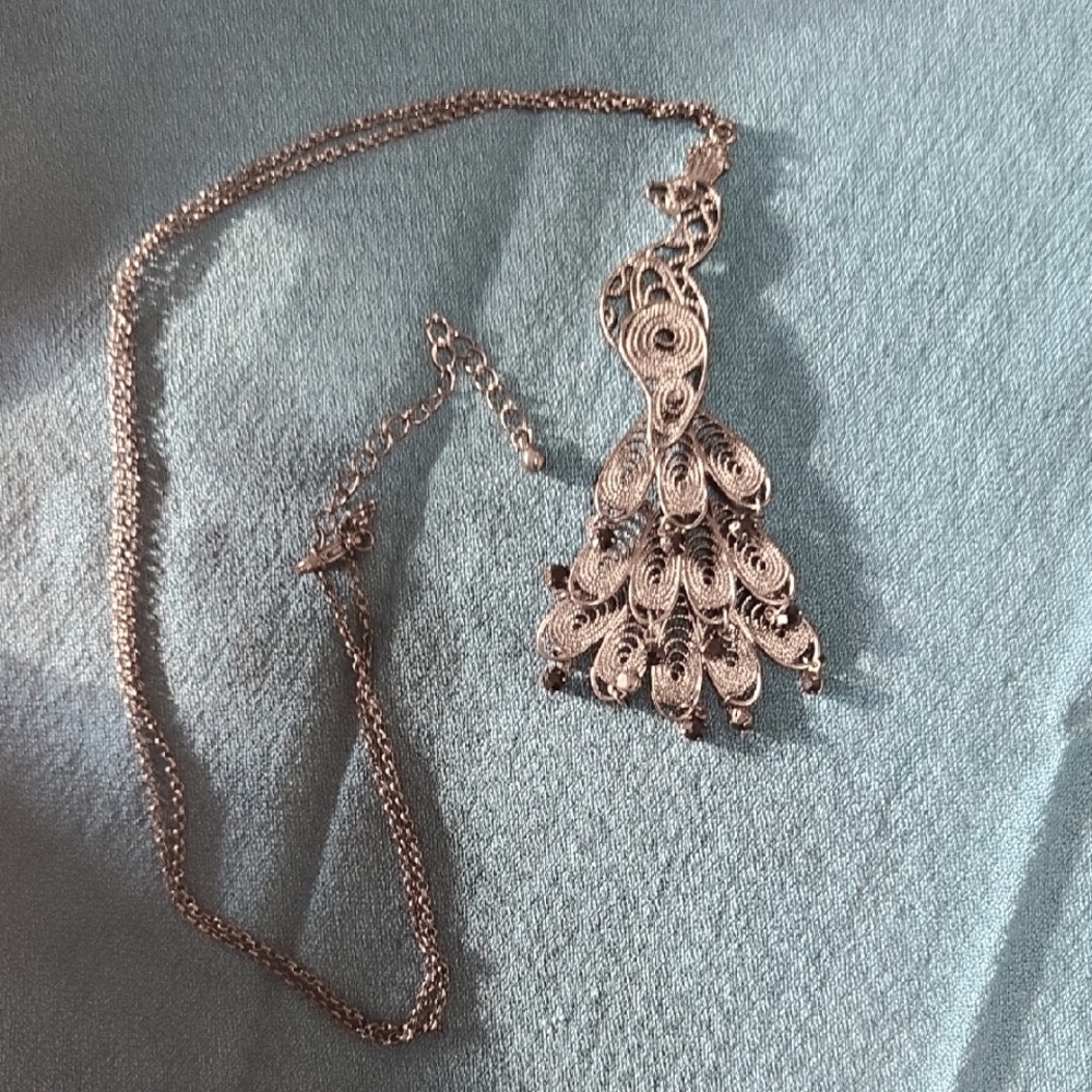 Vintage Silver Peacock Pendant Necklace W/ Black Crystals